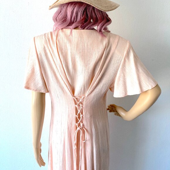 Vintage Crinkle Dress Textured Dress Shoulder Pads Summer Modest Church Feminine - Picture 7 of 10